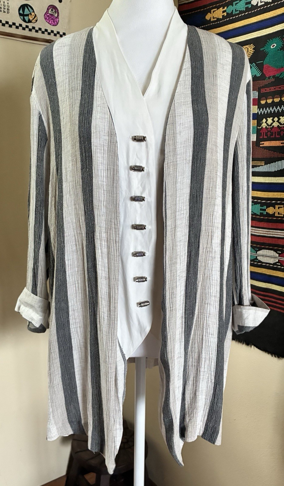 Vintage 90s Striped Jacket Attached Blouse Size L XL Lightweight Career USA