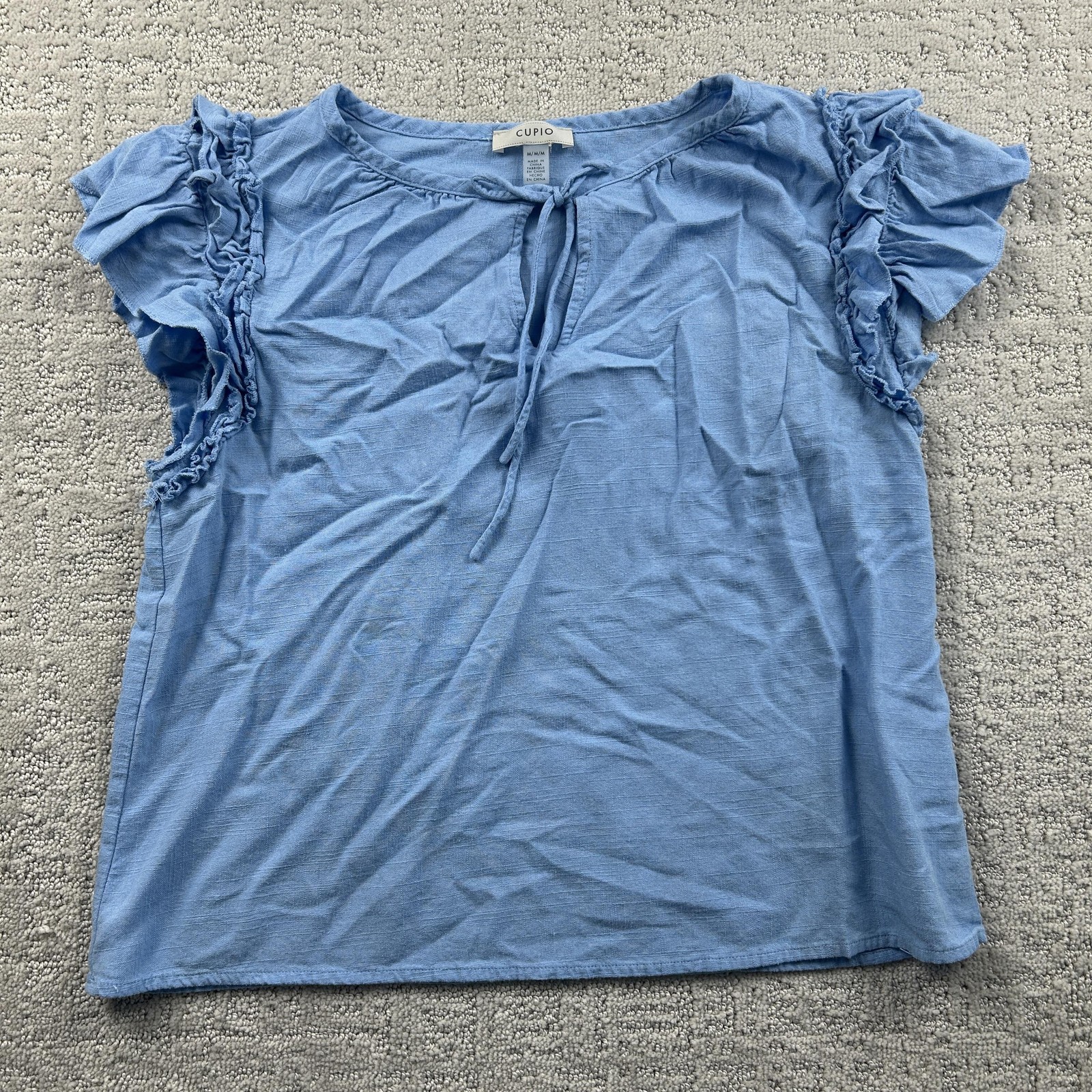 CUPIO Shirt Womens M Blue Linen Blend Embellished Everyday Casual Ruffle Sleeves