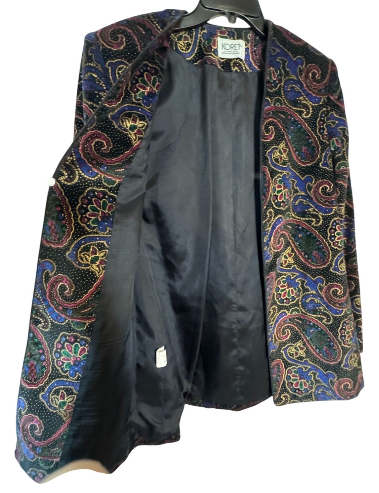Vintage Koret Size 8 Velvet Paisley Open Front Blazer Jacket Shoulder Pads Soft
