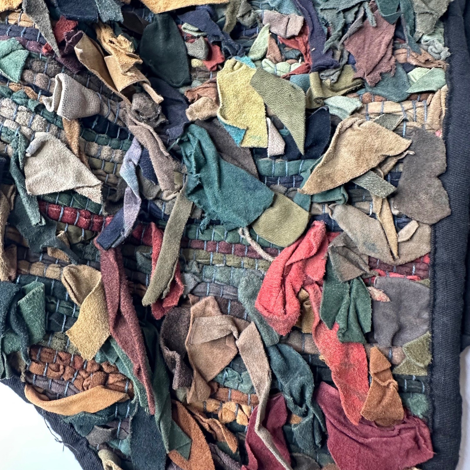 Vtg Exceptional Leather Scrap Vest Multicolor Black Boho Artwear Rag Rug Sz L