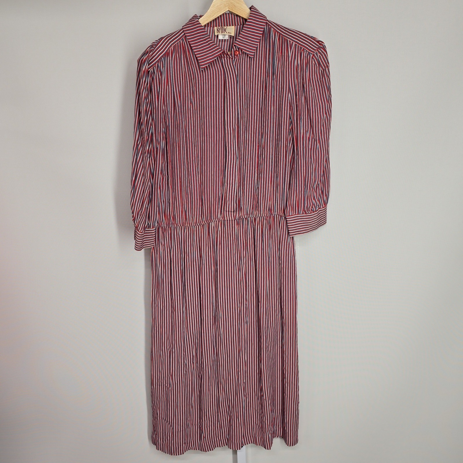 Vintage Katie MFG Red White Blue Striped Secretary Midi Dress Womens 80s