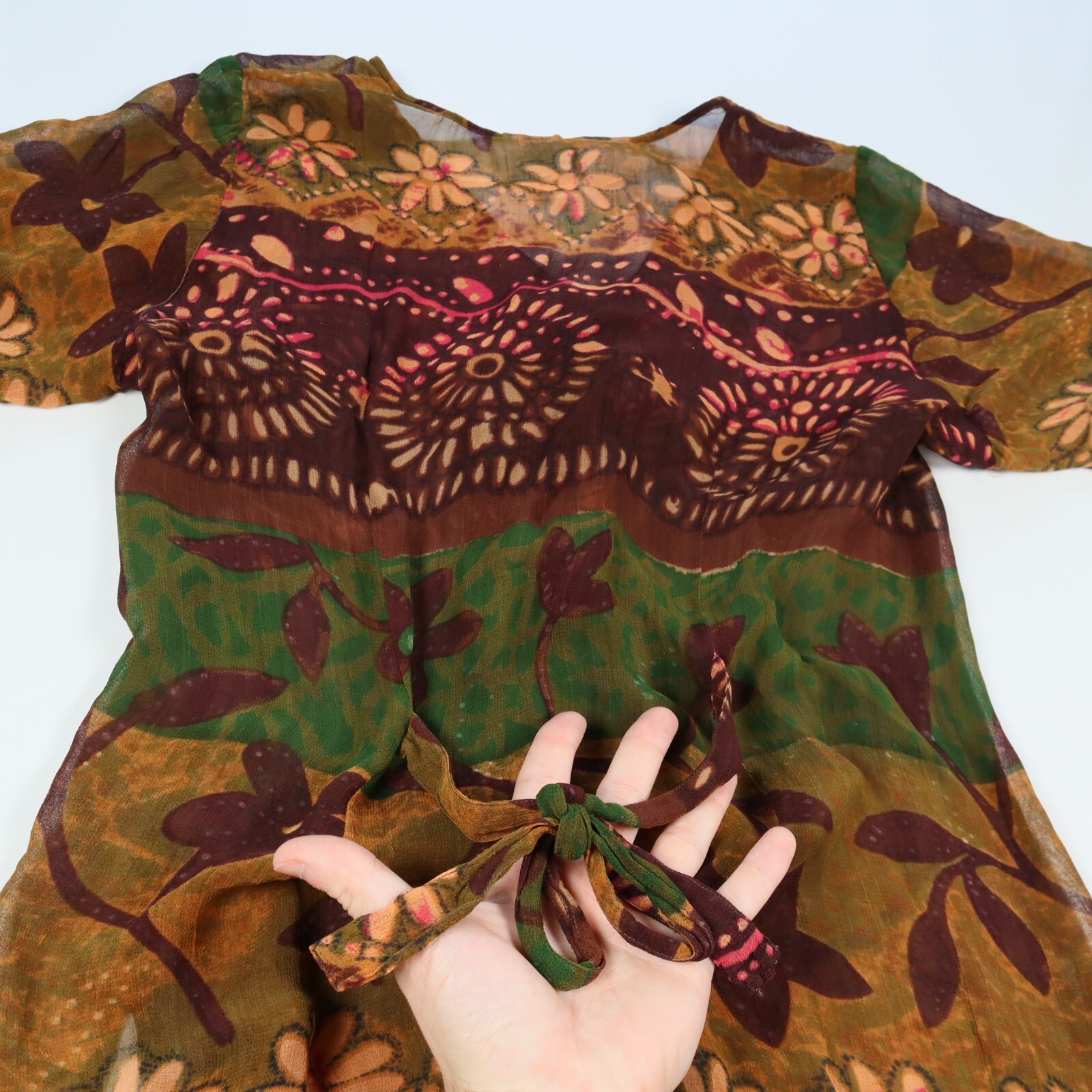 Vintage PHOOL Boho Sheer Chiffon Button-Down Dress Short Sleeve Size Large