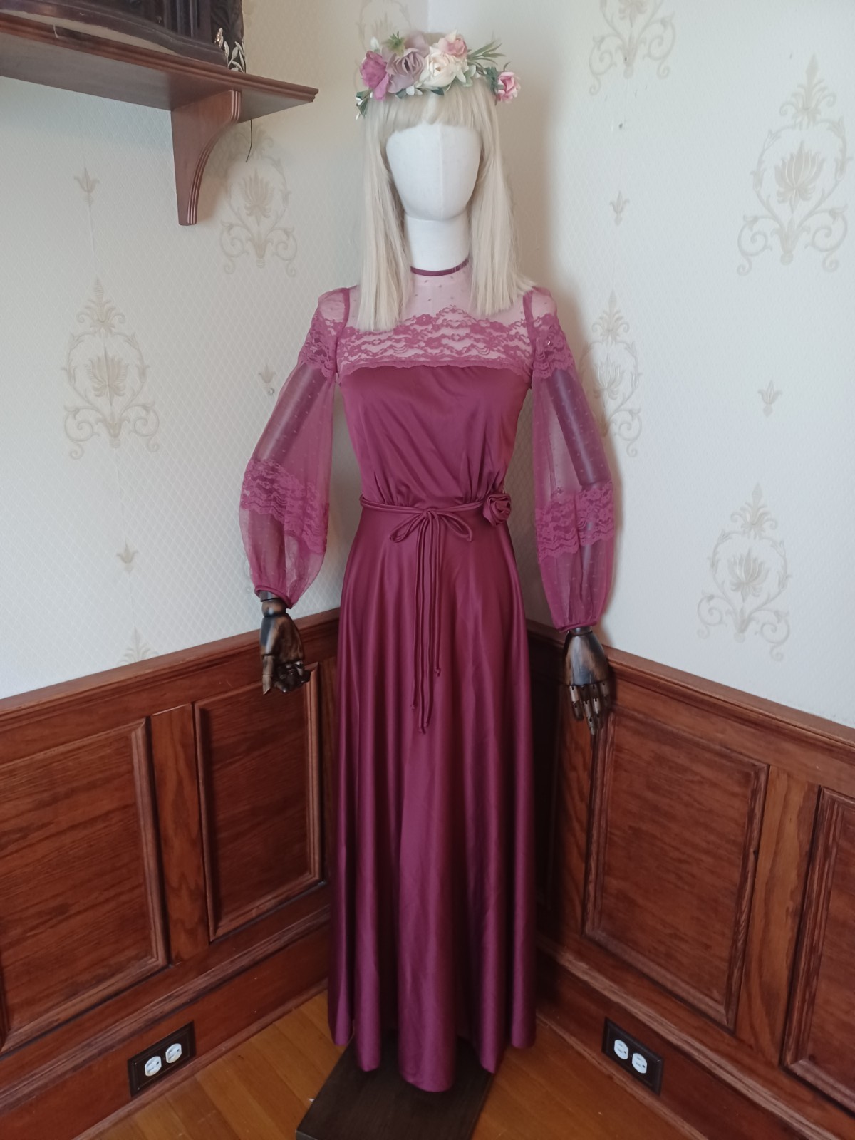 Vintage 1970s/1980s Burgundy Lace Prairie/Victorian Hostess Maxi-dress