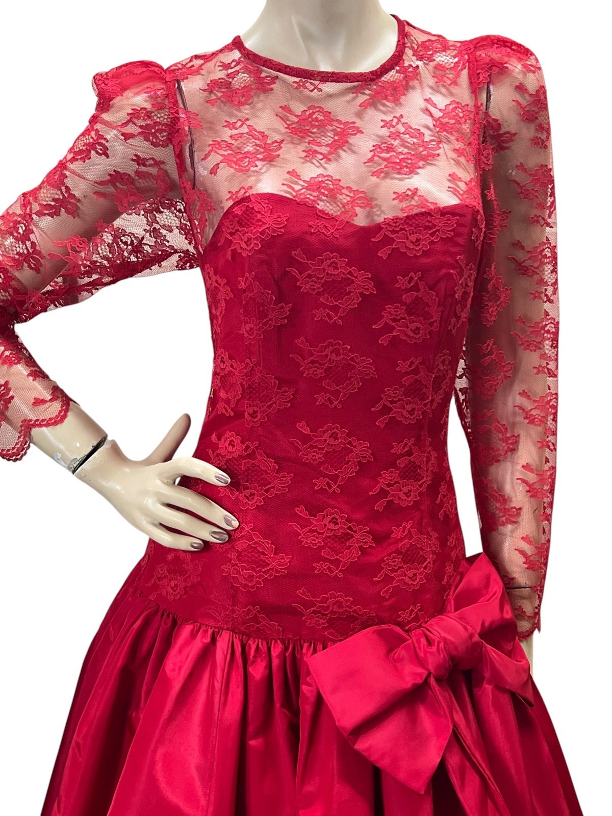 Vtg 80s Sz M~L Red Taffeta Satin Lace High Low Prom Dress