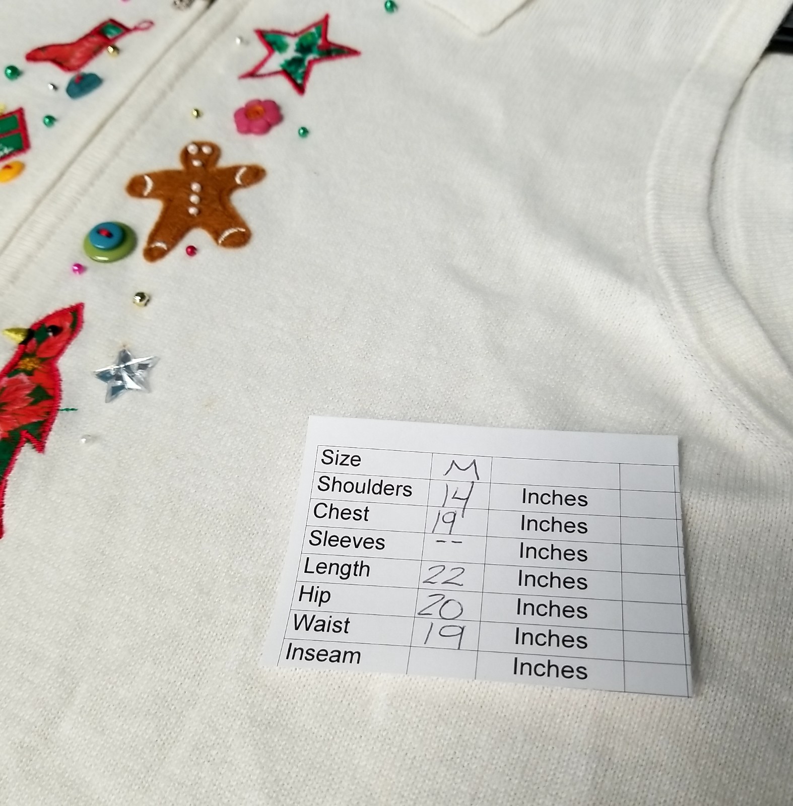 VTG Designers Originals Size M Christmas Patchwork & Embroidery White Zip Vest