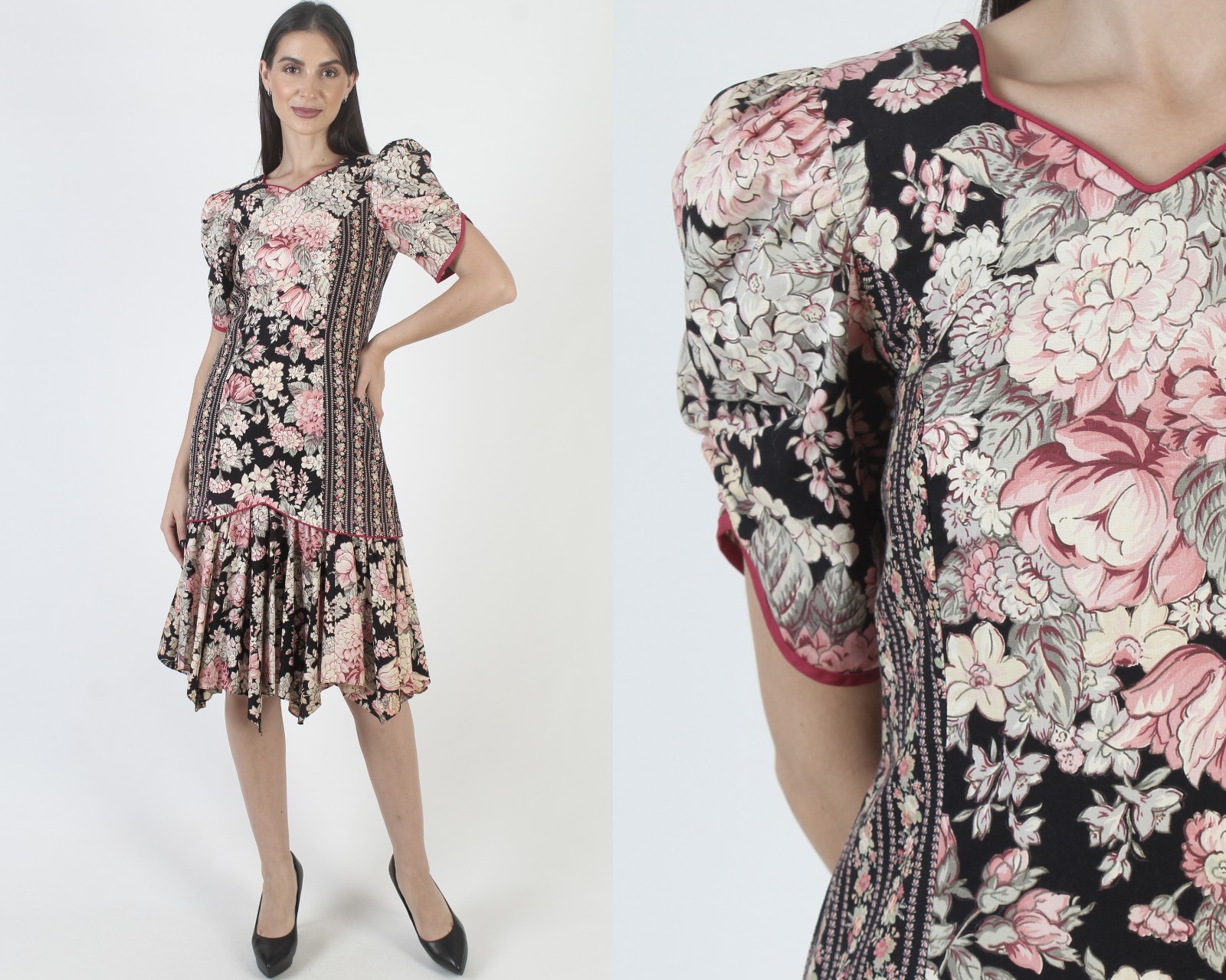 Vtg 70s Asymmetrical Cottagecore Dress Romantic Cotton Prairie Asym Boho Midi