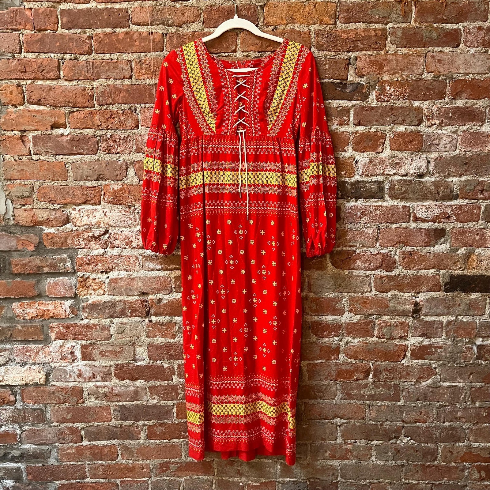 70s Renaissance Revival Red Lace Up Maxi Dress Prairie – XS