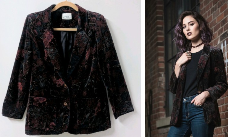 Vintage 70’s Campus Casuals Velvet Burgundy Floral Witchy Blazer Jacket S
