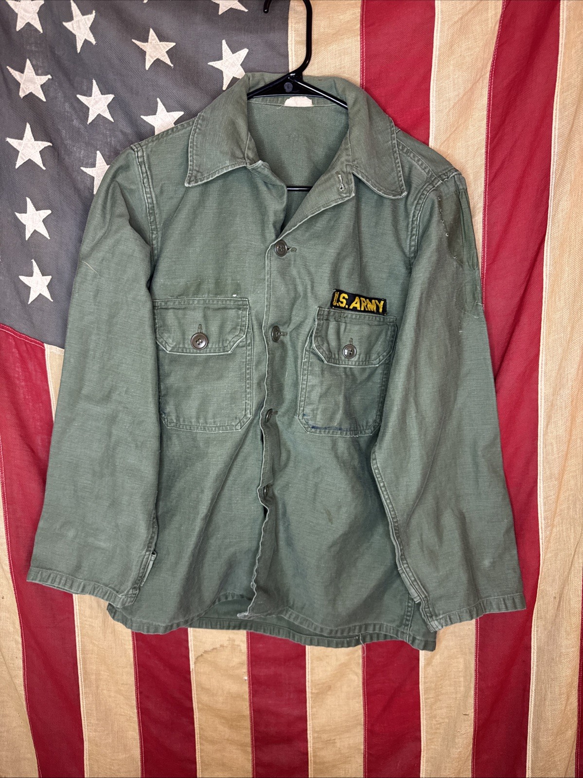 Vintage Vietnam Era 1960s Us Army Military OG-107 Cotton Field Shirt Top D916