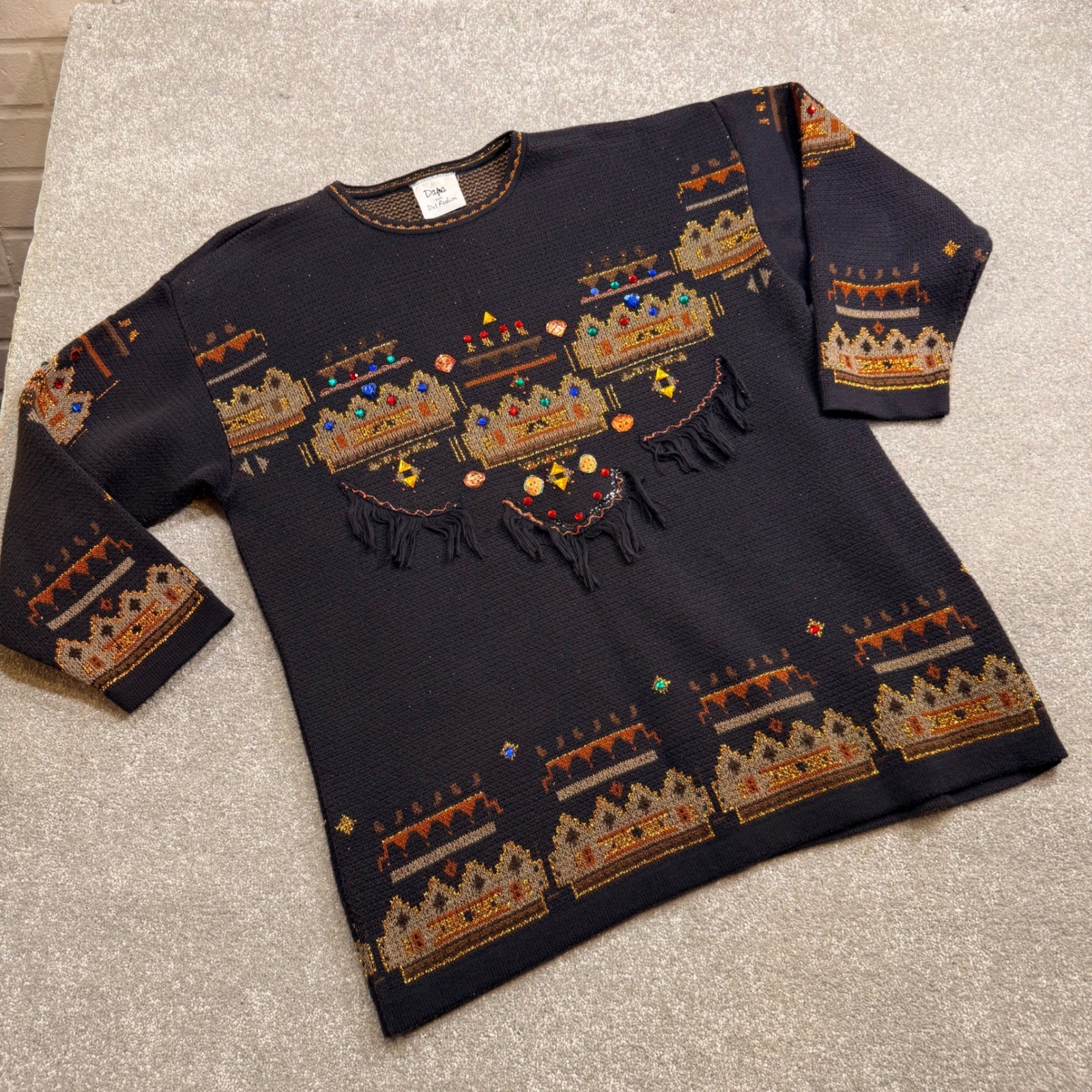 Vintage Dafna D&I Israel Jeweled Fringe Metallic Knit Sweater Med Black 80s 90s