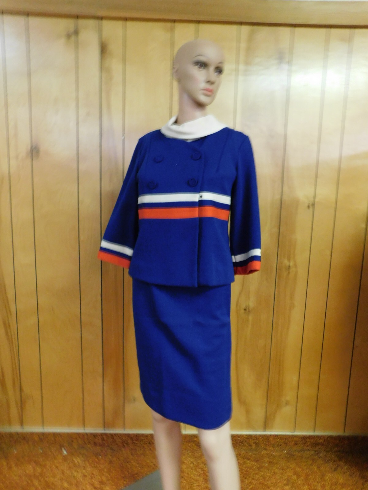 Vintage JUDY WAYNE Blue Sweater 3 pc set Skirt Blouse Jacket Waist 28-30″
