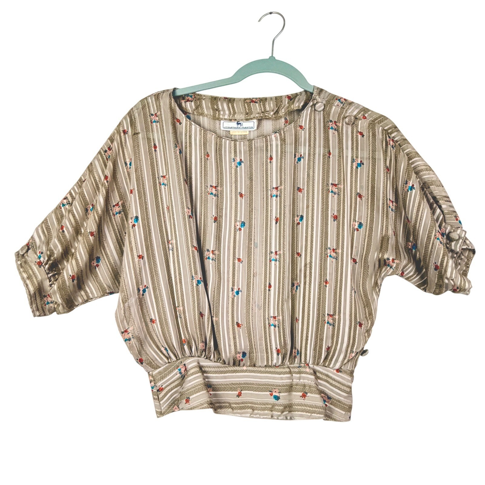 VTG 70s Jonathan Martin 80 S SHEER Beige Striped Floral Banded Crop Waist Blouse