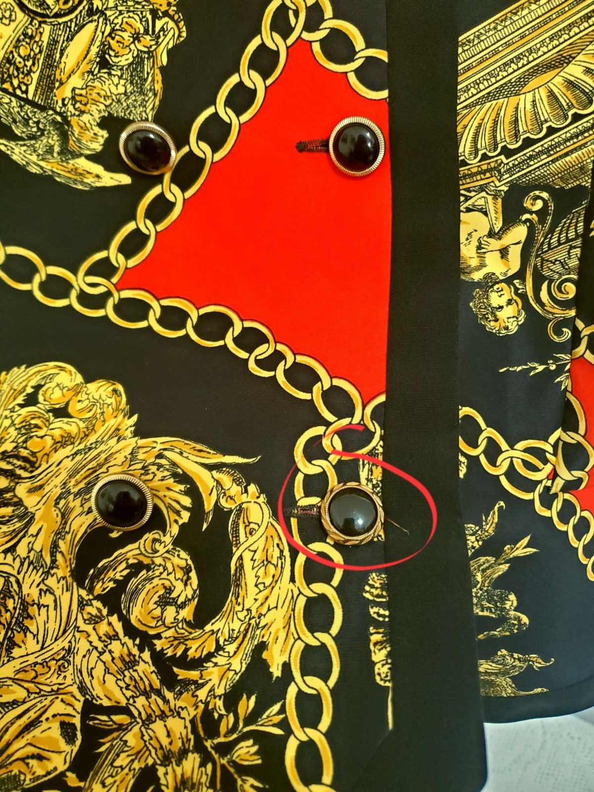 Vintage Baroque Chain Print Jacket Blouse Red Black Gold Button Front Size L XL