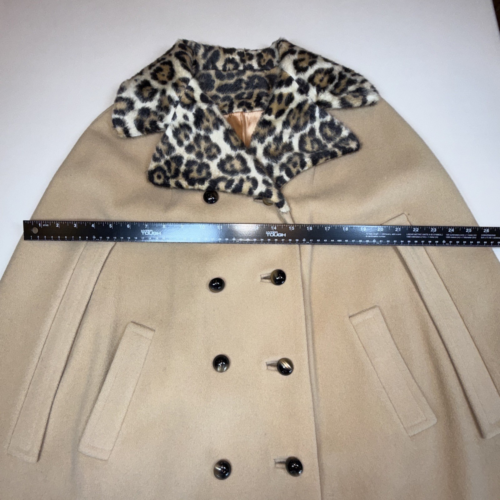 Vintage Camel Cape Faux Cheetah Fur Collar Double Breasted 70s USA Union Made