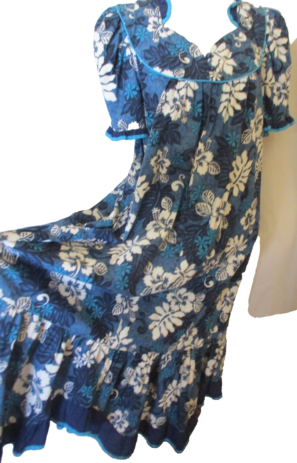 Vintage Good Times XXL Dress Plus BLUE Floral Hawaiian Aloha Ruffle Puff Sleeve