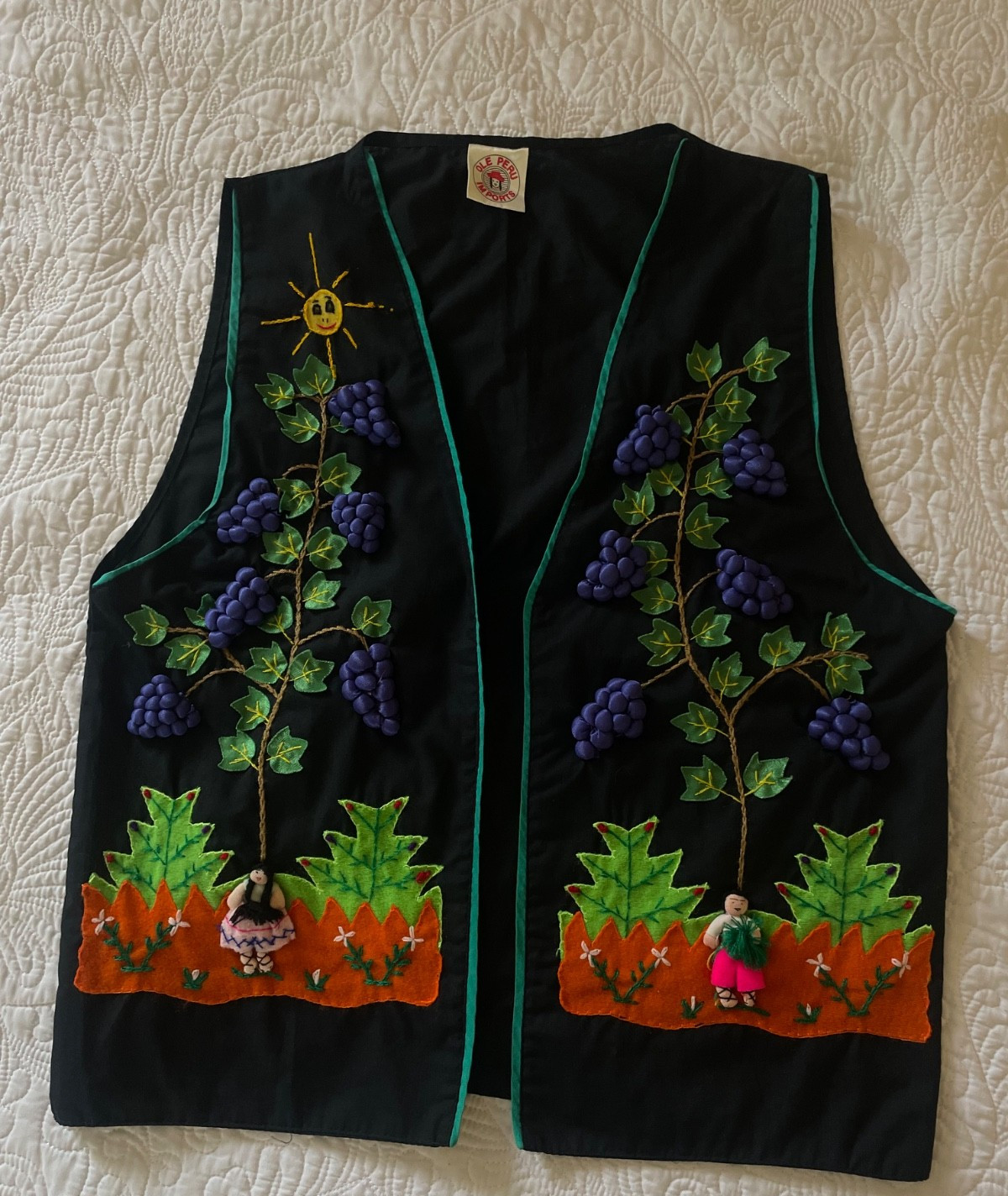 Vintage womens GRAPE VINE 3-D wine Vest Folk Art Ole Peru Imports black S M L os