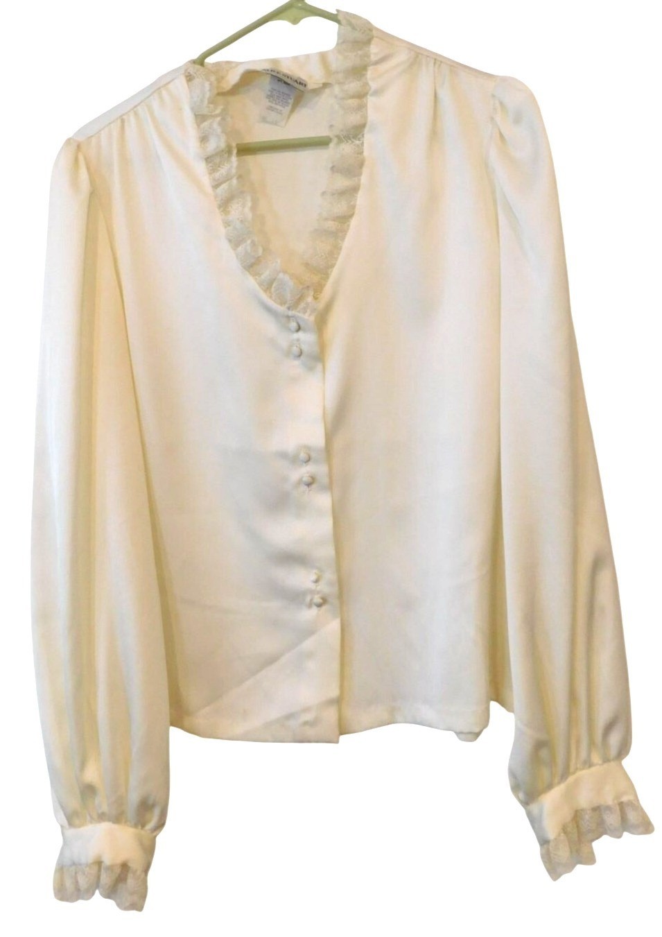 Alice Stuart 14 Off-White Satin Lace Ruffle Edwardian Style Poet 1980s Blouse