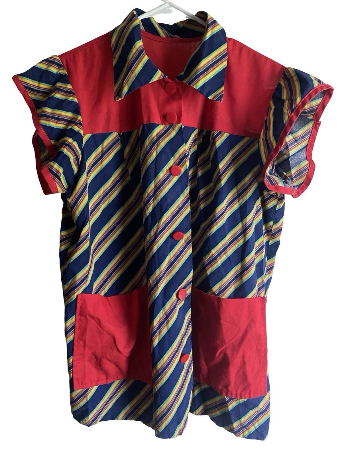 VTG Handmade Retro 60 70s Womens Short Sl Blouse XL-2XL Collar Buttons Pockets