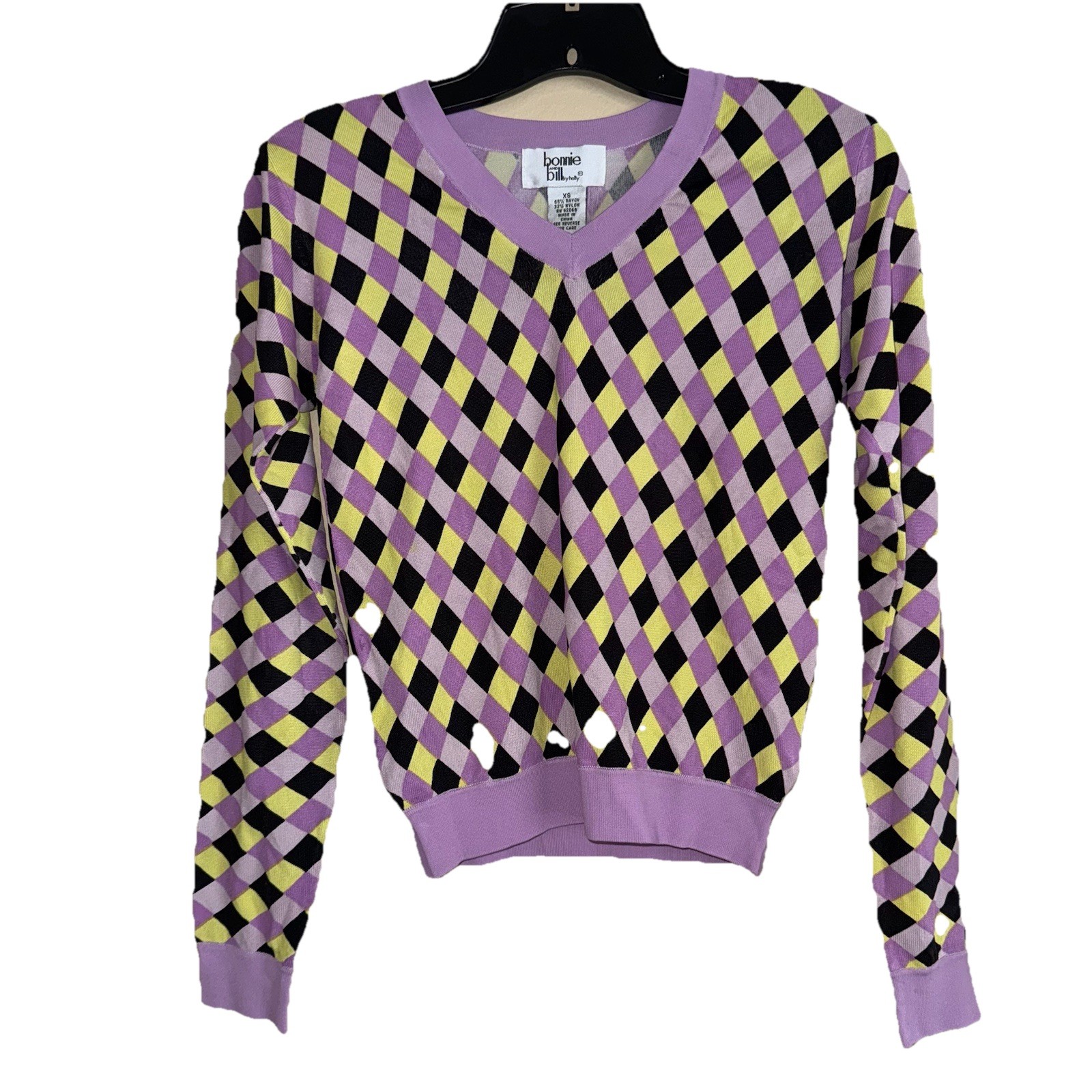 VTG Sweater Preppy Argyle Geometric Nylon V Neck XS NWT Clueless Purple
