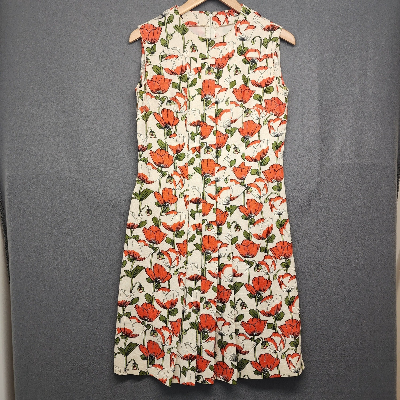 Vtg 60s Handmade Womens 2 Piece Dress Top Set Orange Floral Mod Pleat Belt Twee
