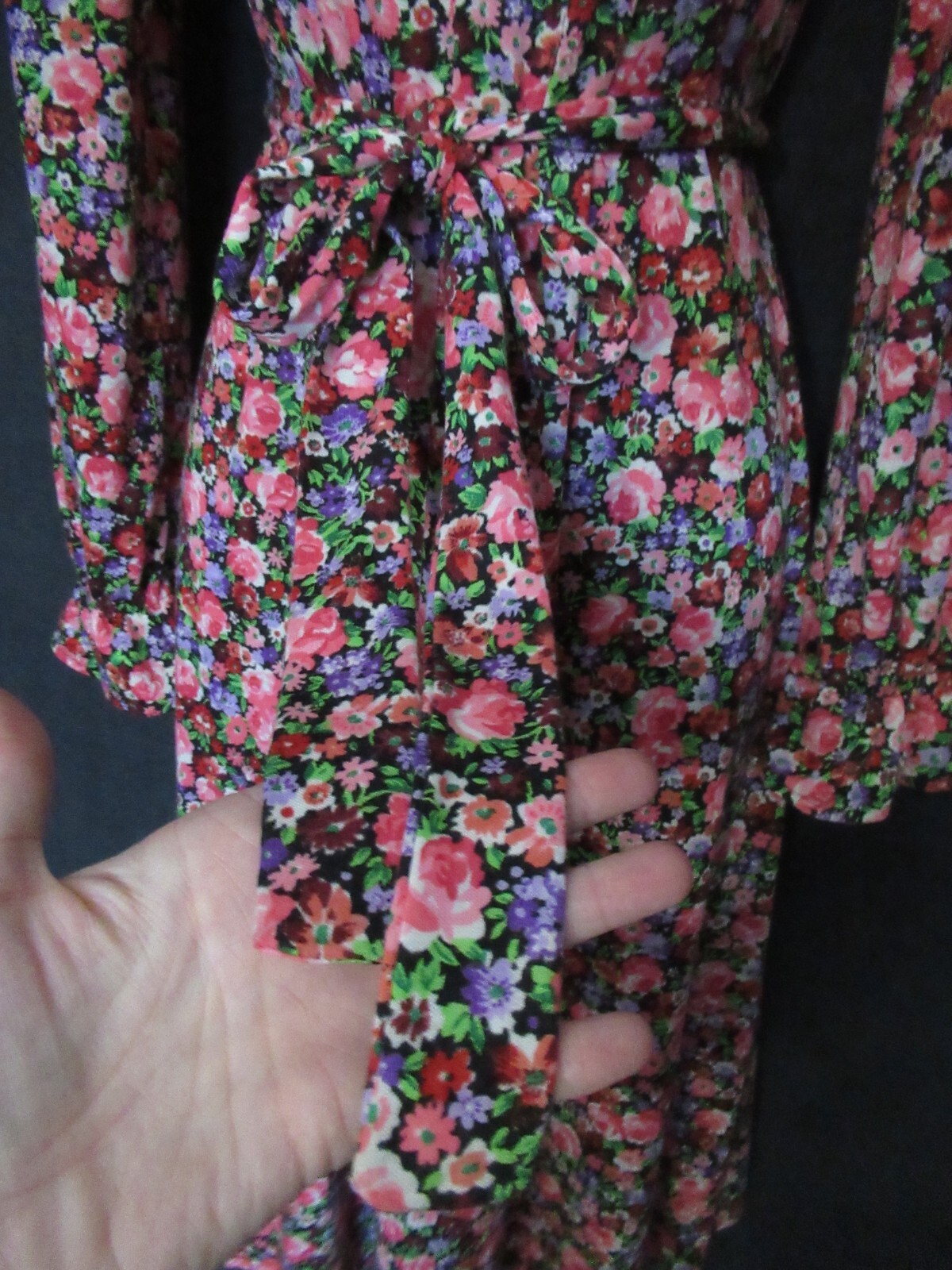 70’s Vintage Eva Robert Janan Italy Black Pink Floral Keyhole Belted Midi Dress