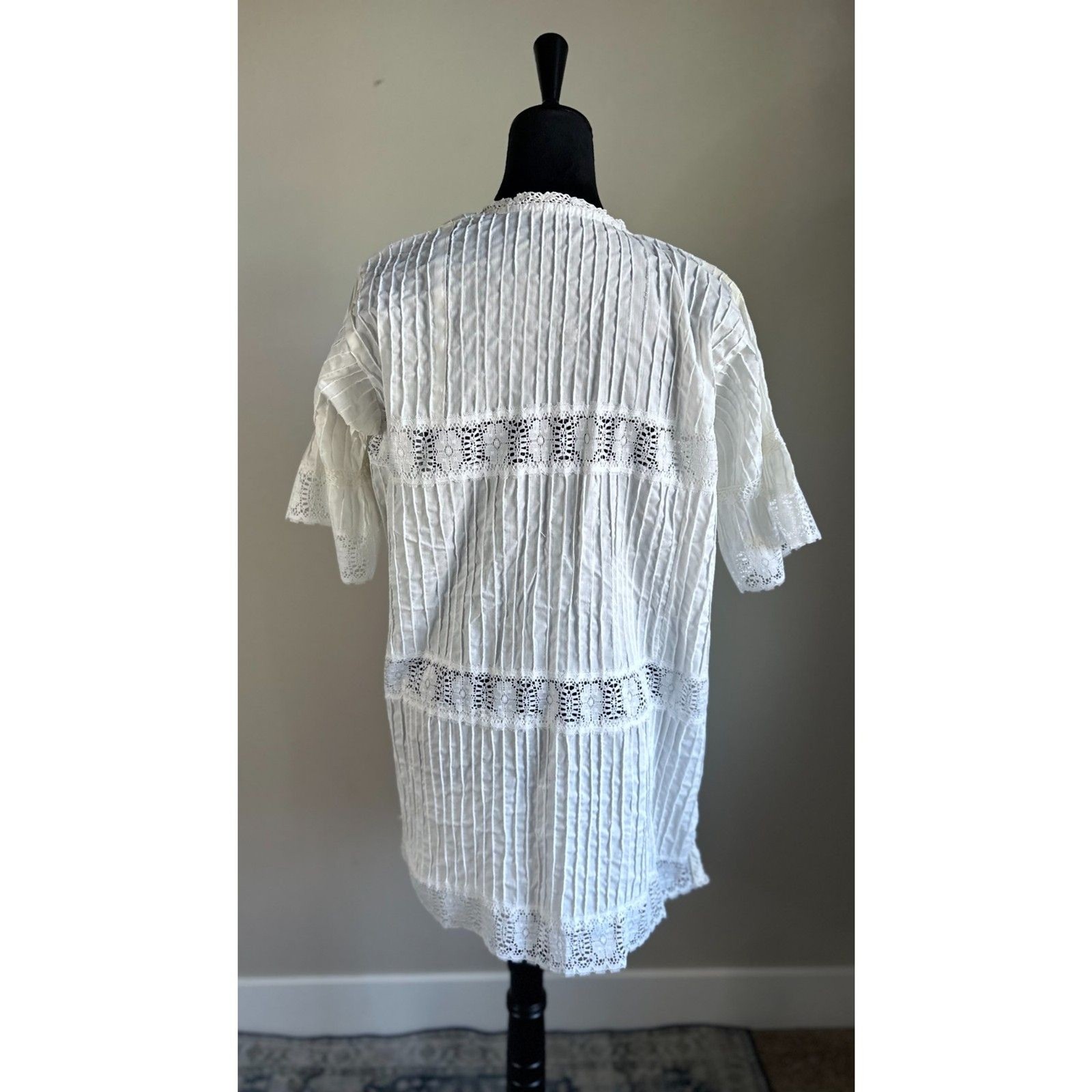 Vintage Women’s White Pin Tuck Pleat Lace Trim Button Front Cotton Jacket Size L