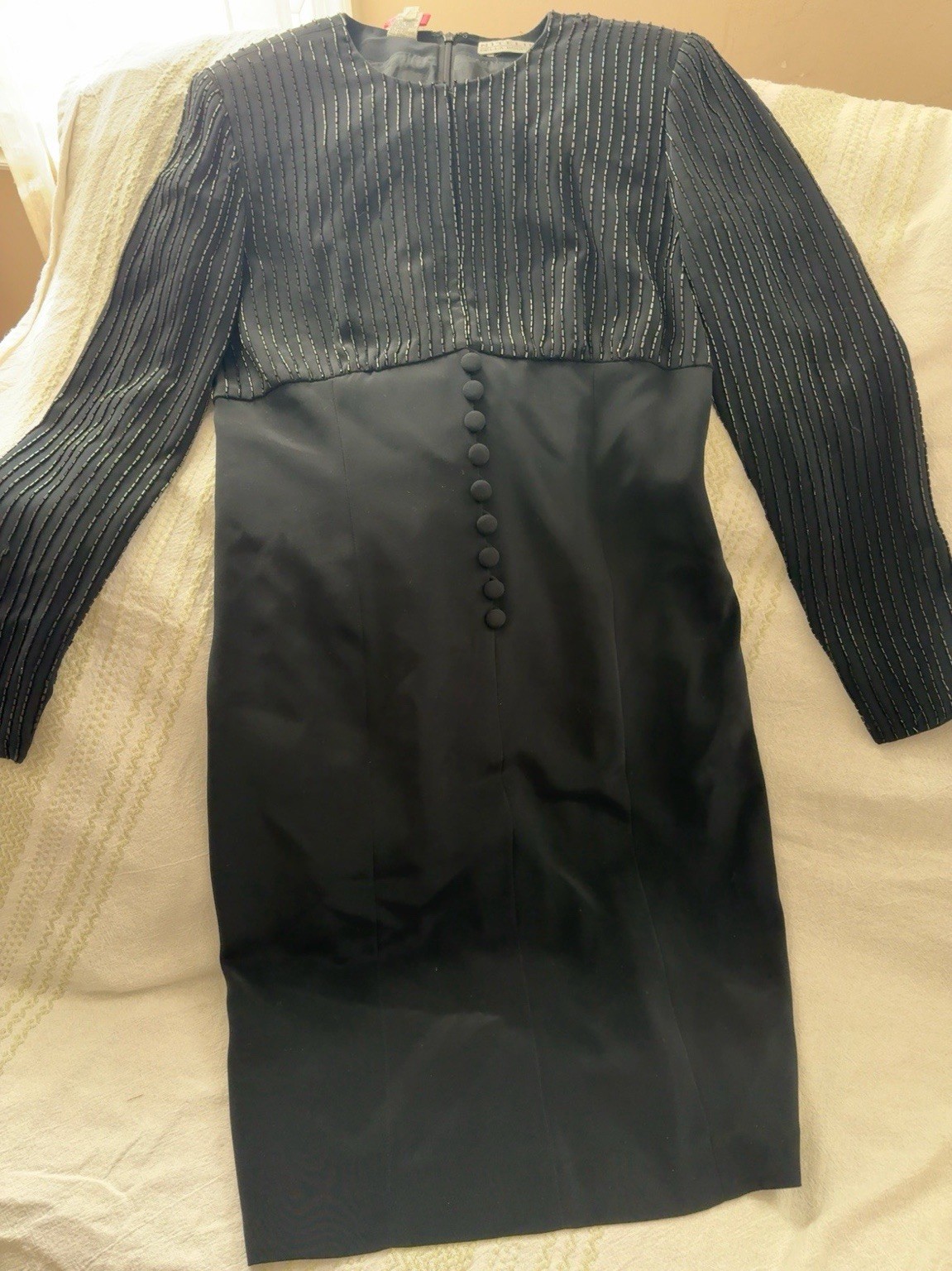 Vintage Niteline Della Roufogali Black Beaded Cocktail Dress Size 8 Long Sleeve