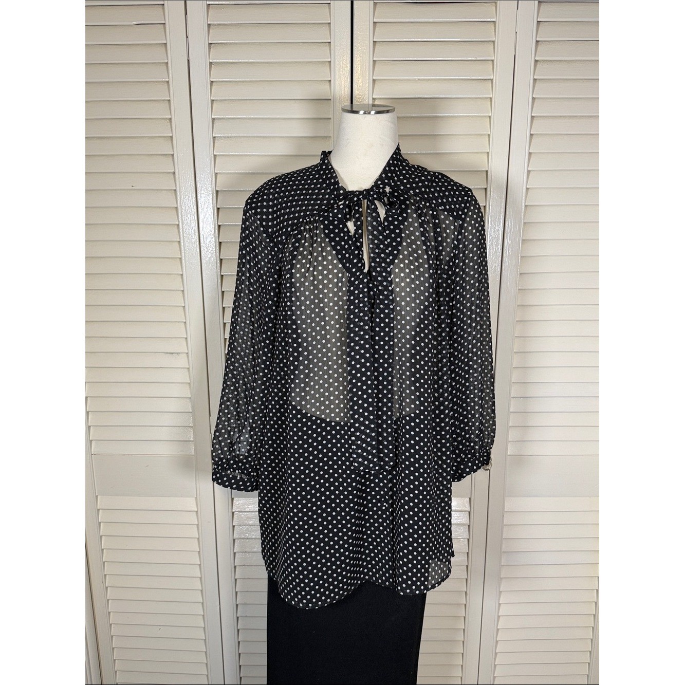 Peter Nygard Vintage Polka Dot Tie Neck Bow Blouse Sheer Size 18