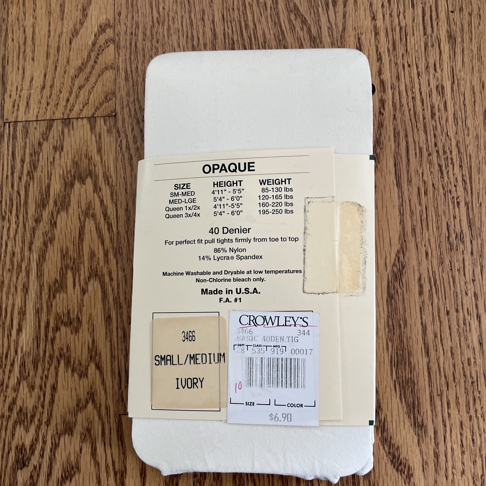 Vtg NWT 1990s Crowley’s Opaque Microfiber Tights Size S/M Ivory USA
