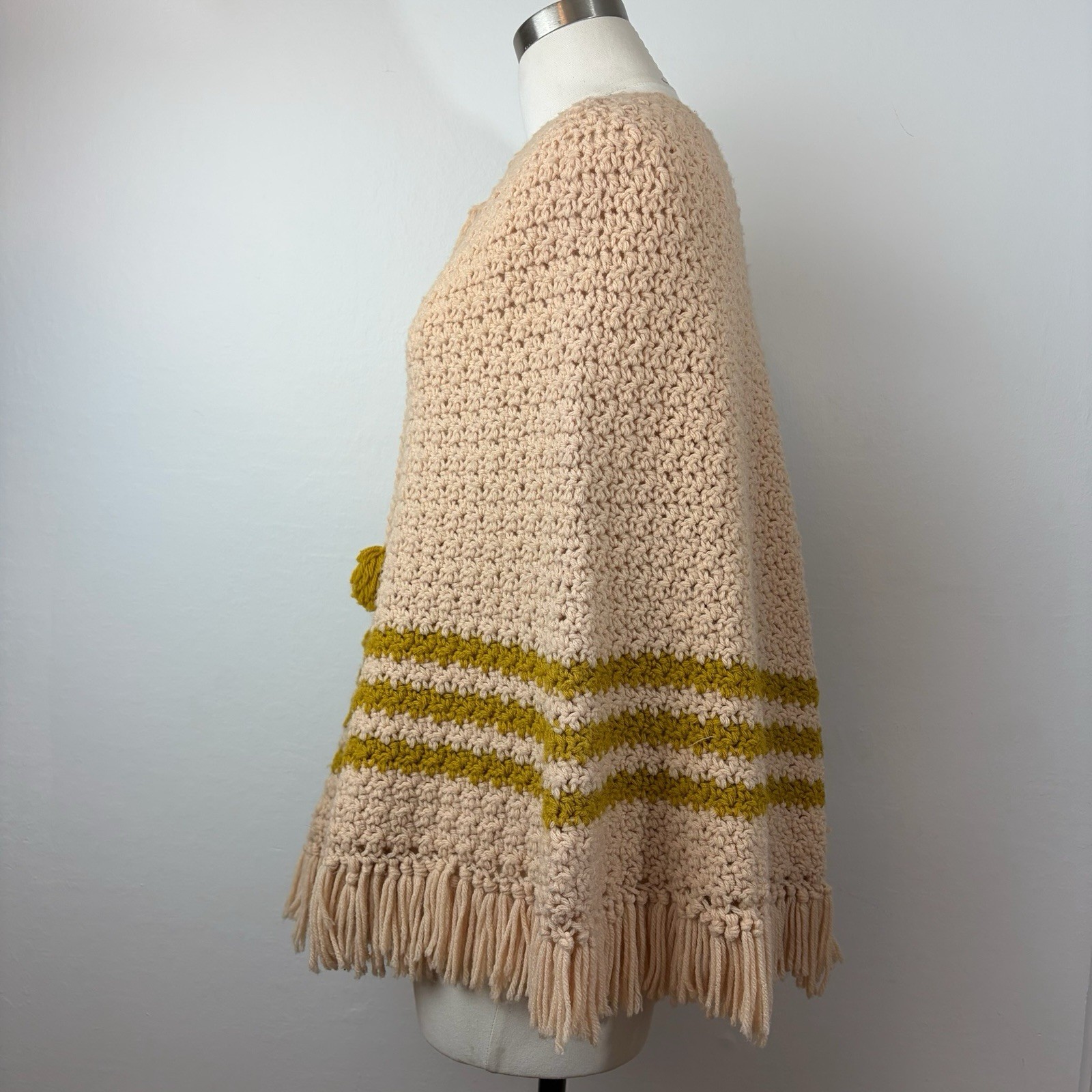 60’s 70’s Knit Crotchet Poncho Yellow Cream Fringe Boho Homemade Handmade