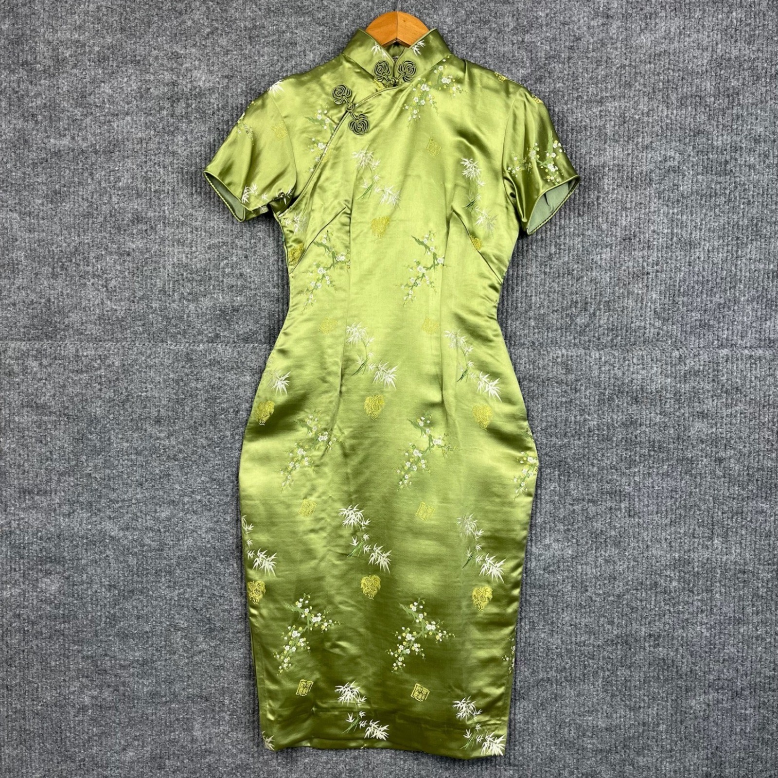 Vtg 60s Tajmahals Cheongsam Dress Womens XS Green Brocade Qipao Satin Hong Kong