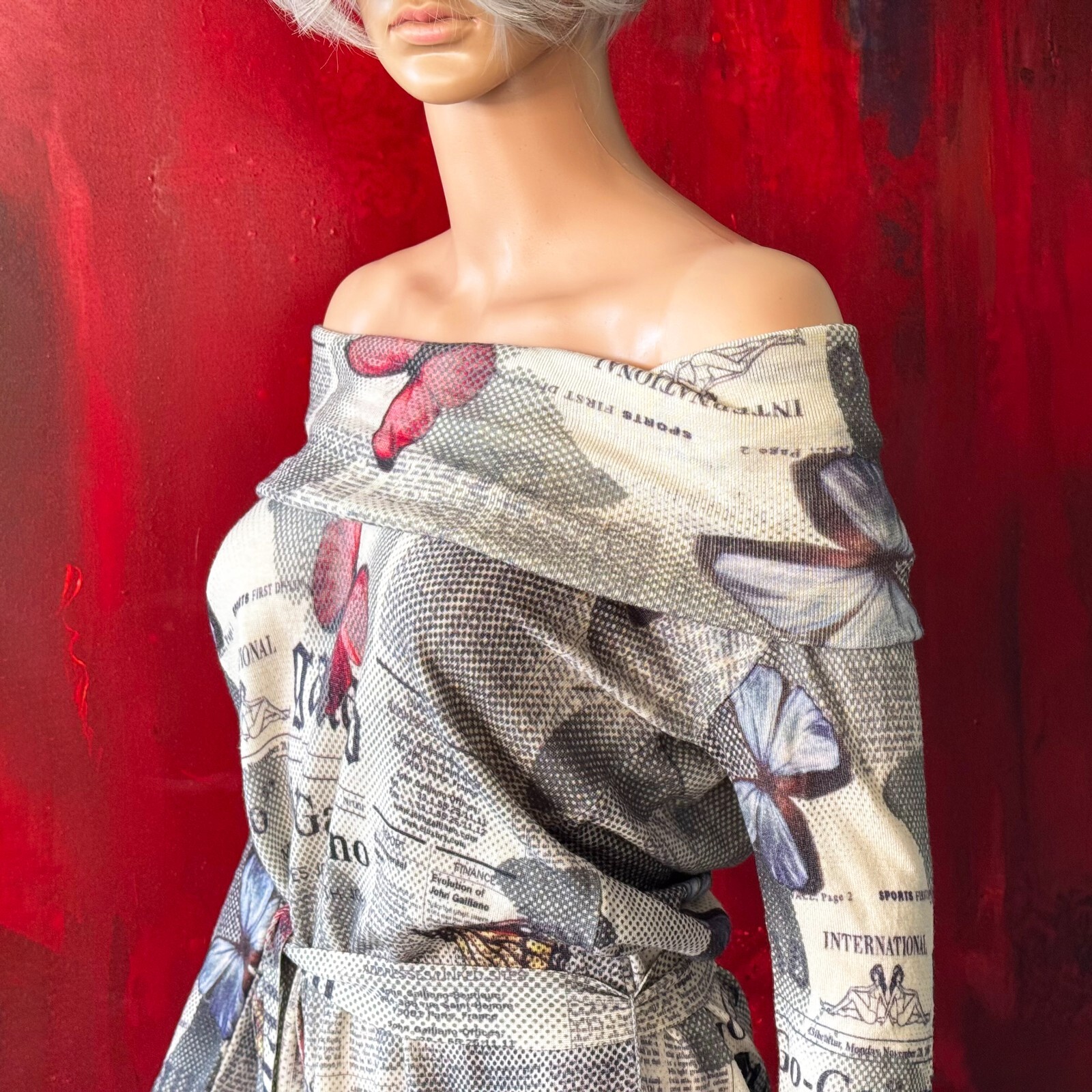 JOHN GALLIANO 2000s Gazette Newspaper Butterfly wool stretch dress print size M