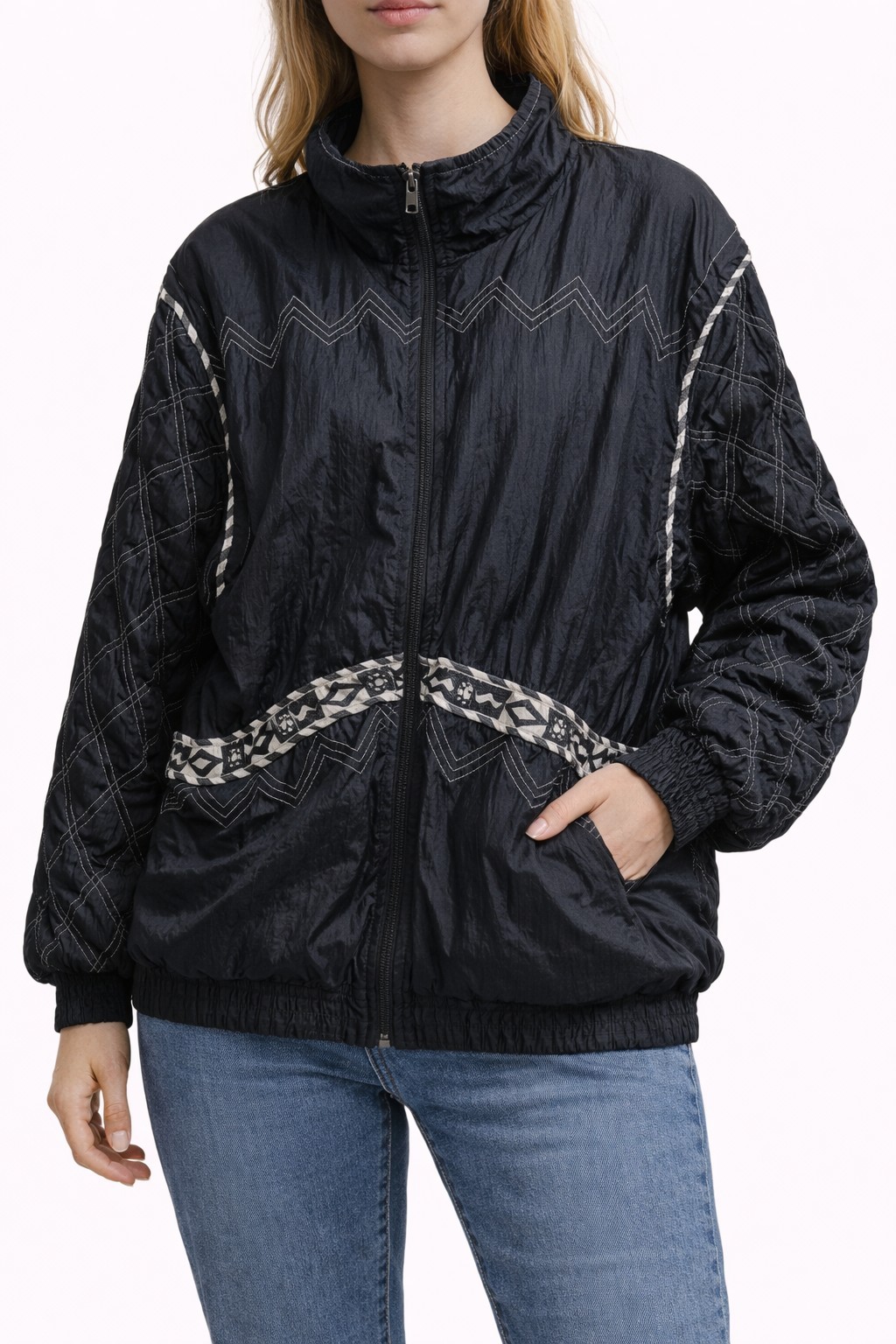Vintage Black quilted sleeve nylon windbreaker Laura Katherine S geometric lined