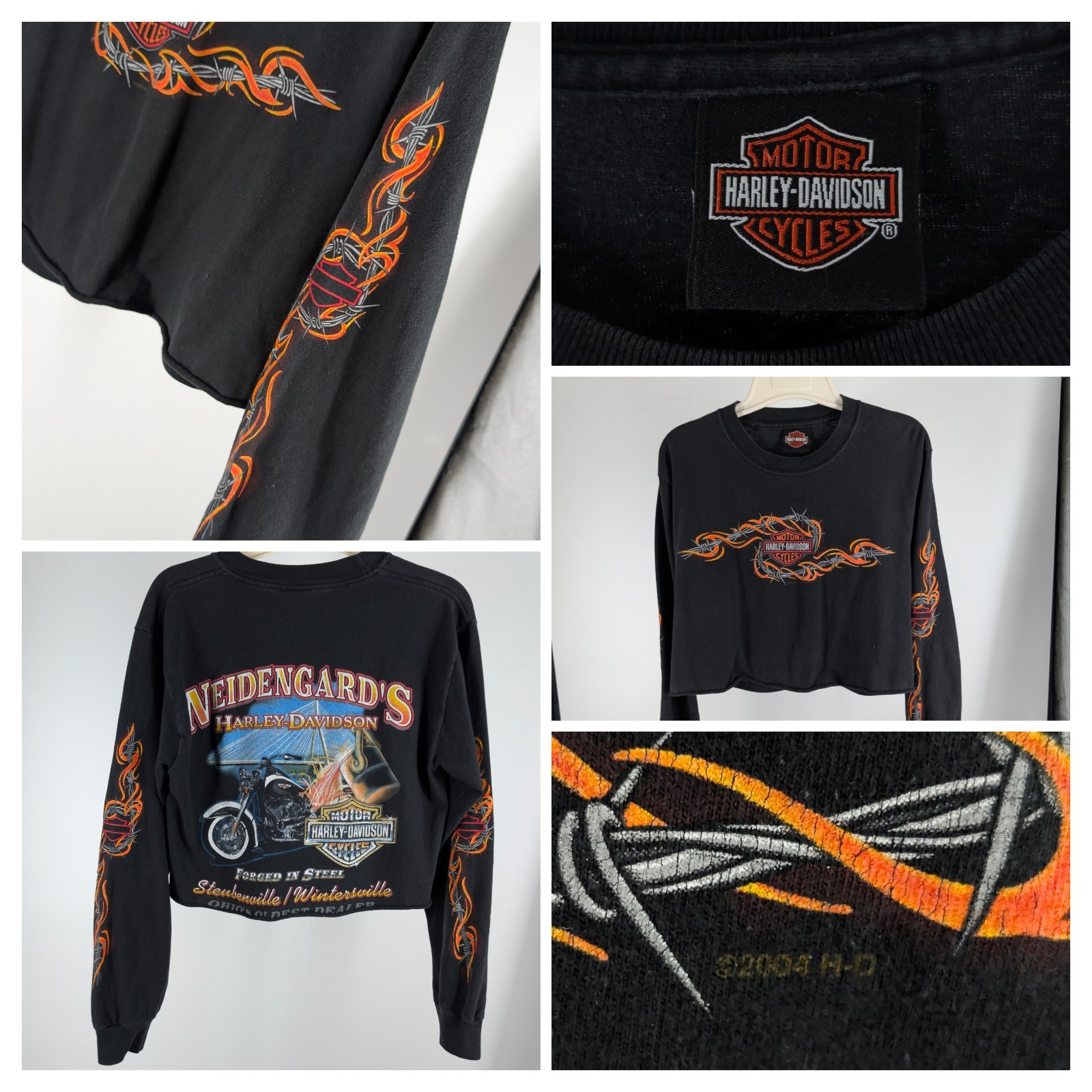 2004 Harley Davidson Neidengard’s Ohio Cropped Long Sleeve Shirt Black Y2K 19×15