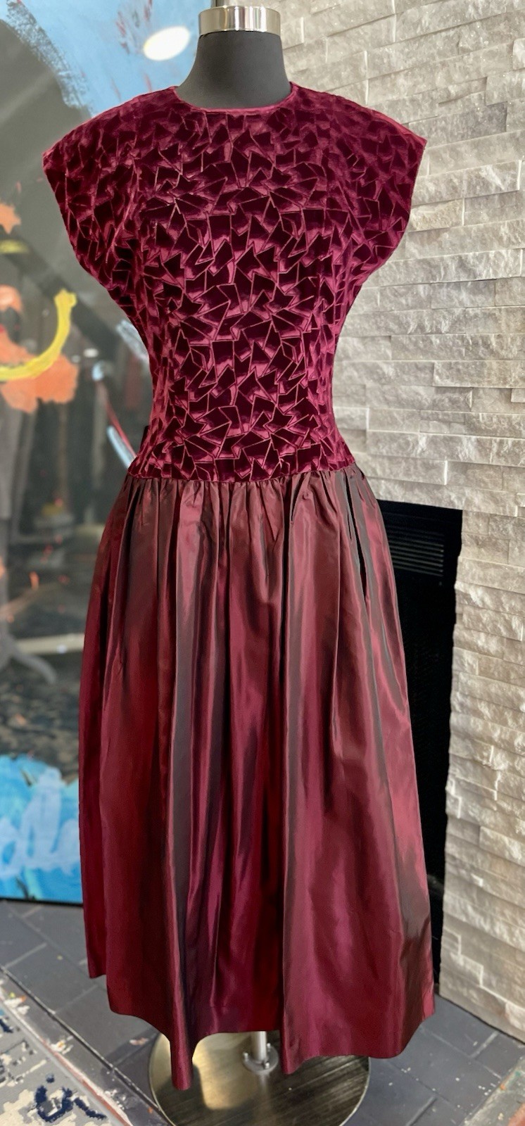 VTG 80s Cocktail Party Taffata Velvet Prom Back Bow Burgandy Size 8 Cocktail