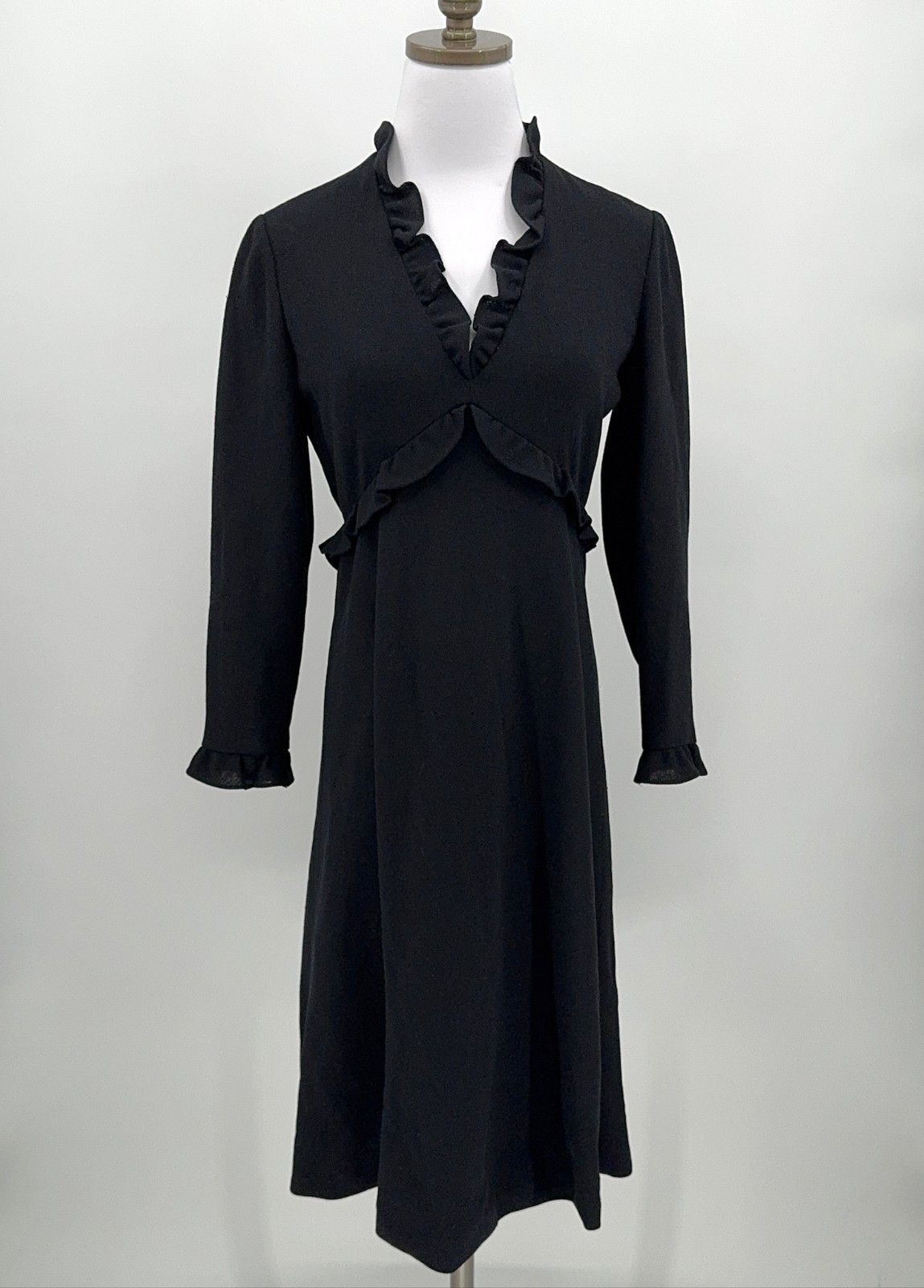 Vintage Black Pure Wool Ruffle Long Sleeve A Line Dress Sz 8 Union Made
