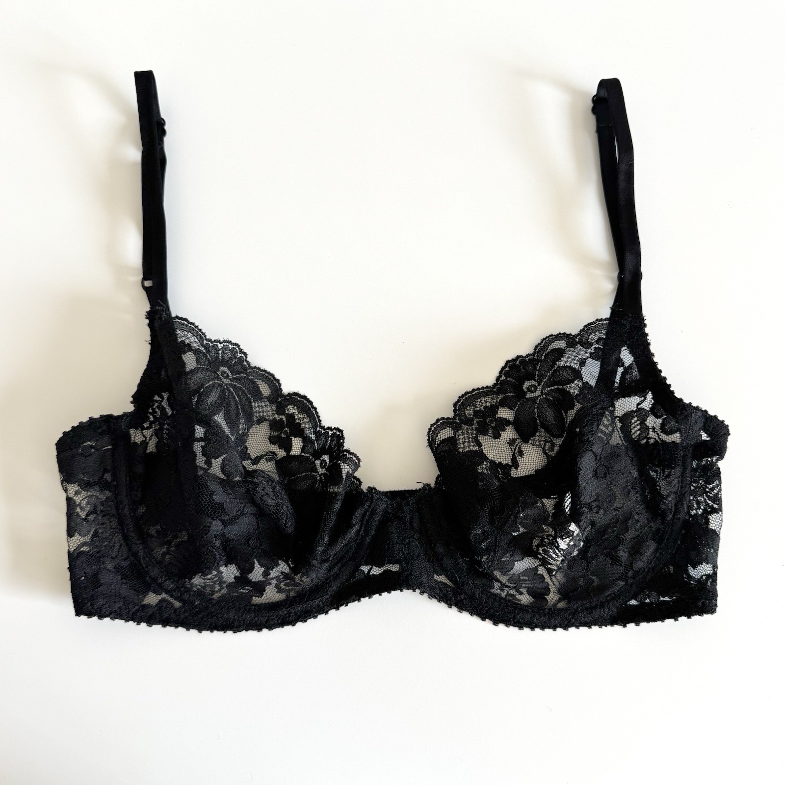 Vintage Dolores for Poirette Bra Size 32D Sheer Lace Black Lingerie Underwire