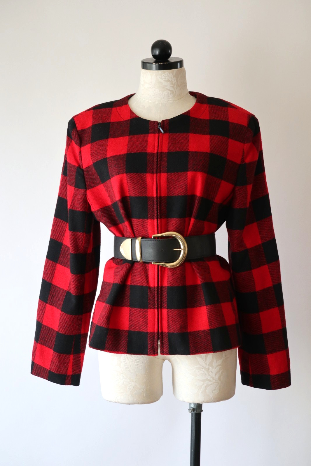 Vintage Y2K Red Black Buffalo Checks Tartan Plaid Zip Front Boxy Jacket Women 14