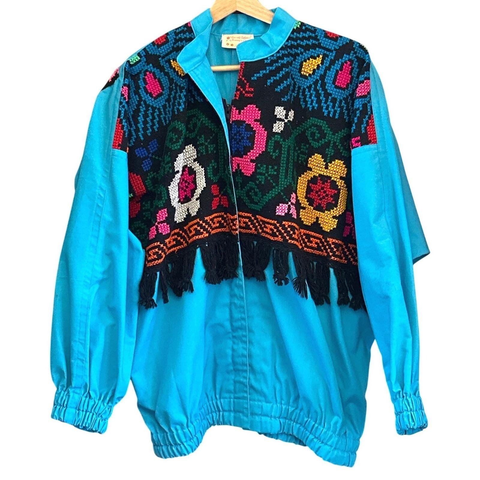 Vintage Granny’s Closet Jacket Embroidered Folk Art Boho Fringe Turquoise Blue