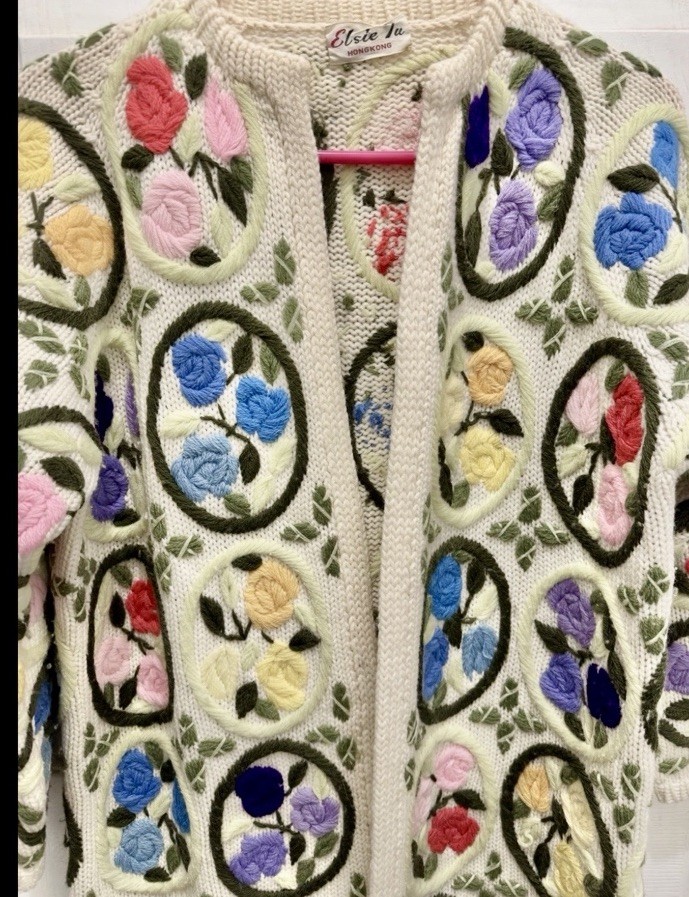 VTG Elsie Tu Hong Kong Floral Hand Knit Sweater Coat Cardigan Boho Cottage