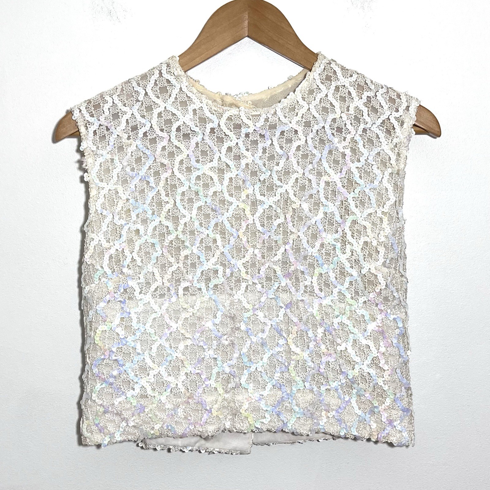 Vtg Gregory Sequin Lace Top Size 14 Ivory Iridescent Sleeveless Blouse 50s 60s