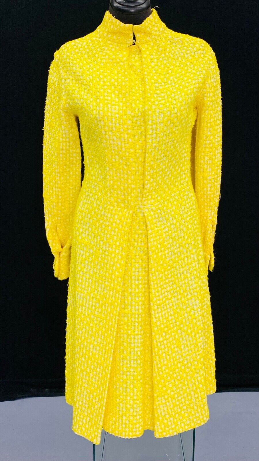 Vintage 1960s bright yellow dress, long sleeve woven wool mock neck military M