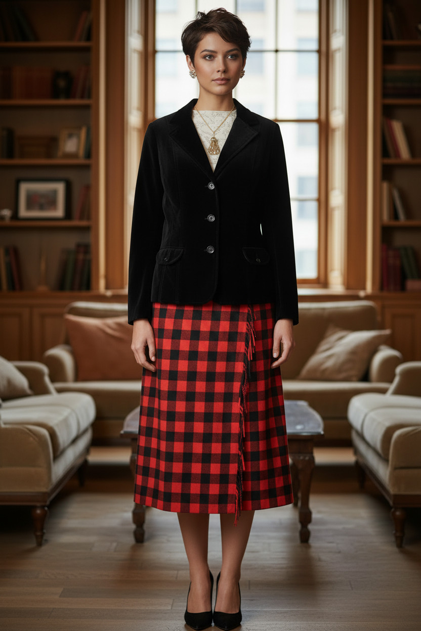 Vintage Liz Claiborne red/black plaid skirt suit set & vintage pearl jewelry set