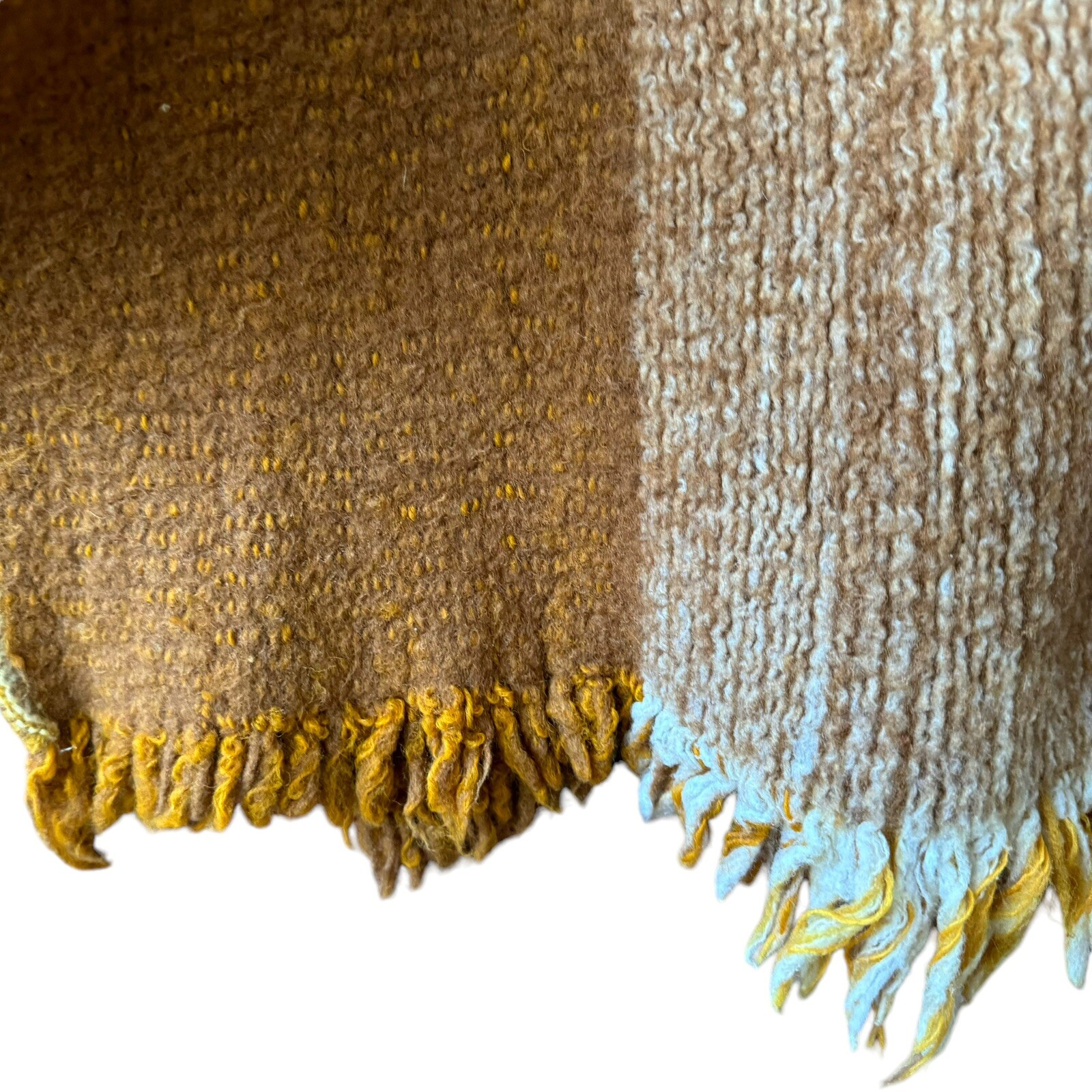 Vtg Heavy Wool Blanket Poncho Plaid Fringe Gold Yellow Tan White