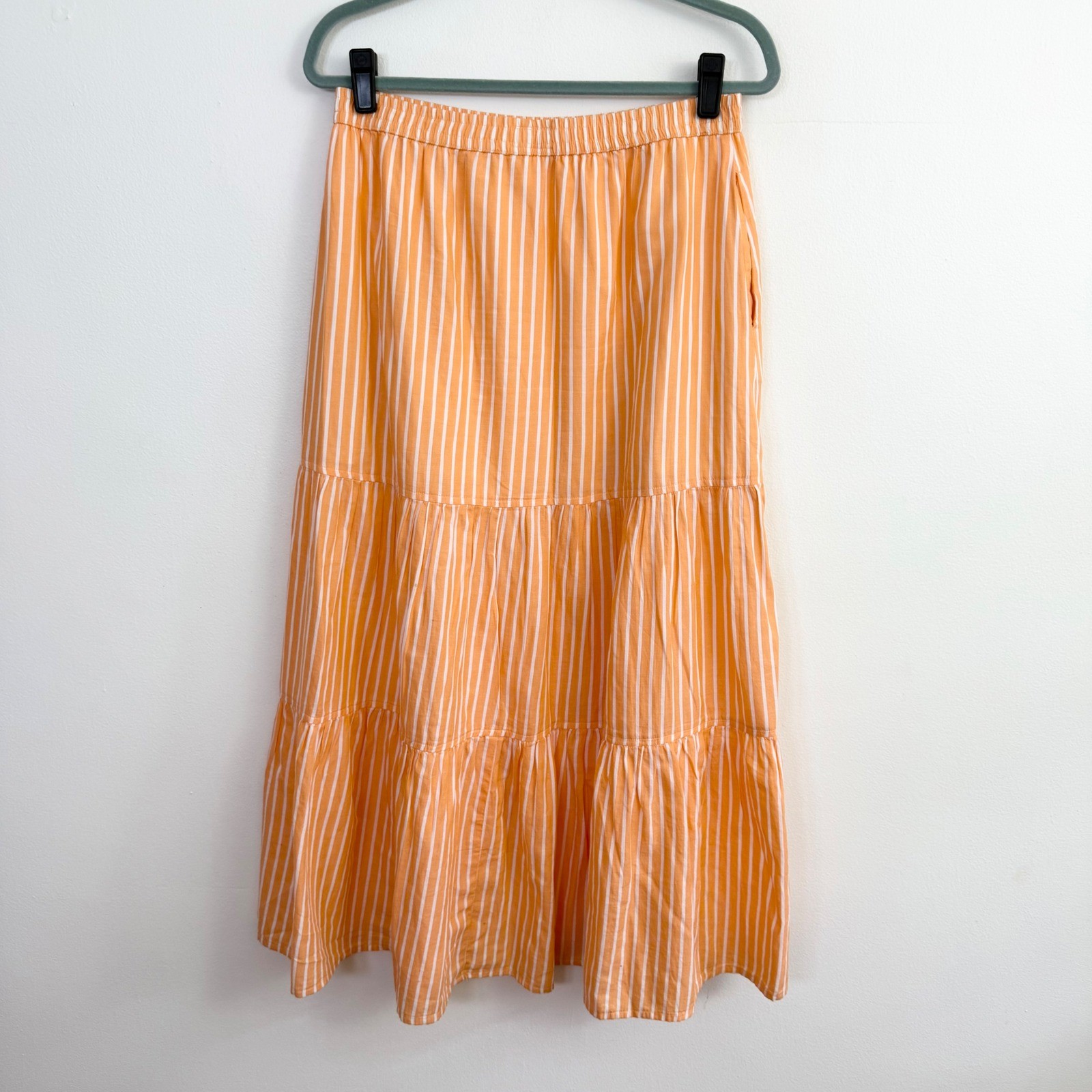 Pact Organic Cotton Orange White Stripe Tiered Midi Skirt Size M