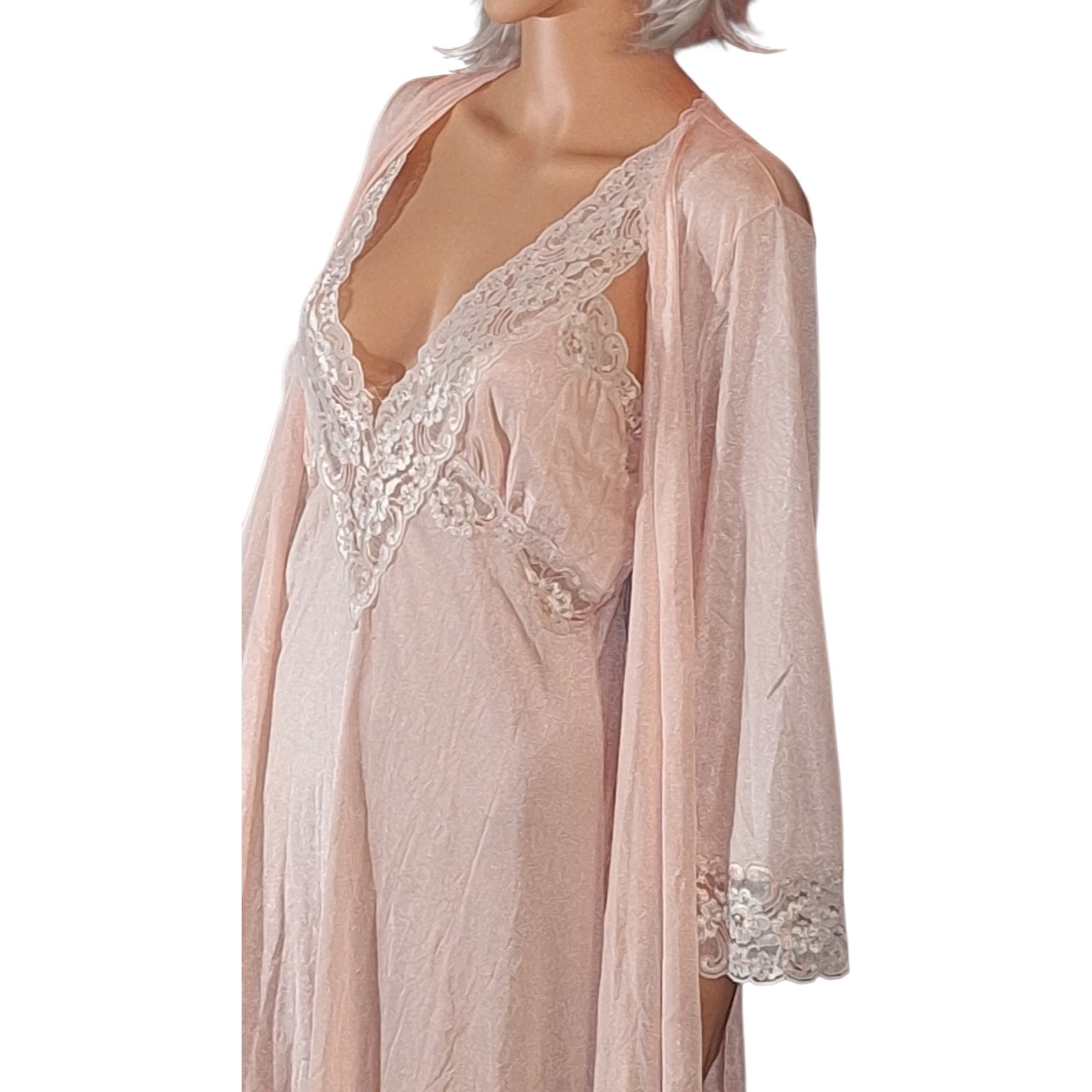 Vtg Jill Andrea of New York Pink Sheer Lace Peignoir Set Coquette Cottagecore