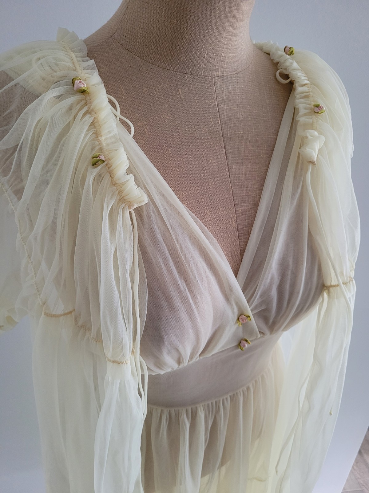 Vintage Amourelle Peignoir Set Babydoll Sheer Yellow Chiffon Nightgown Robe S