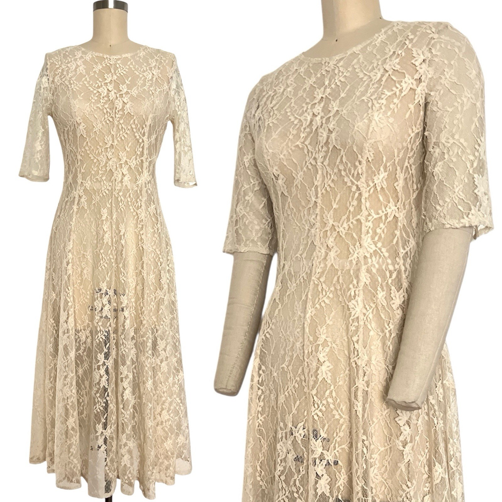VTG 90s Y2K S M Lace Dress Boho Festival Cottage Core Lolita Flare Skirt Sheer