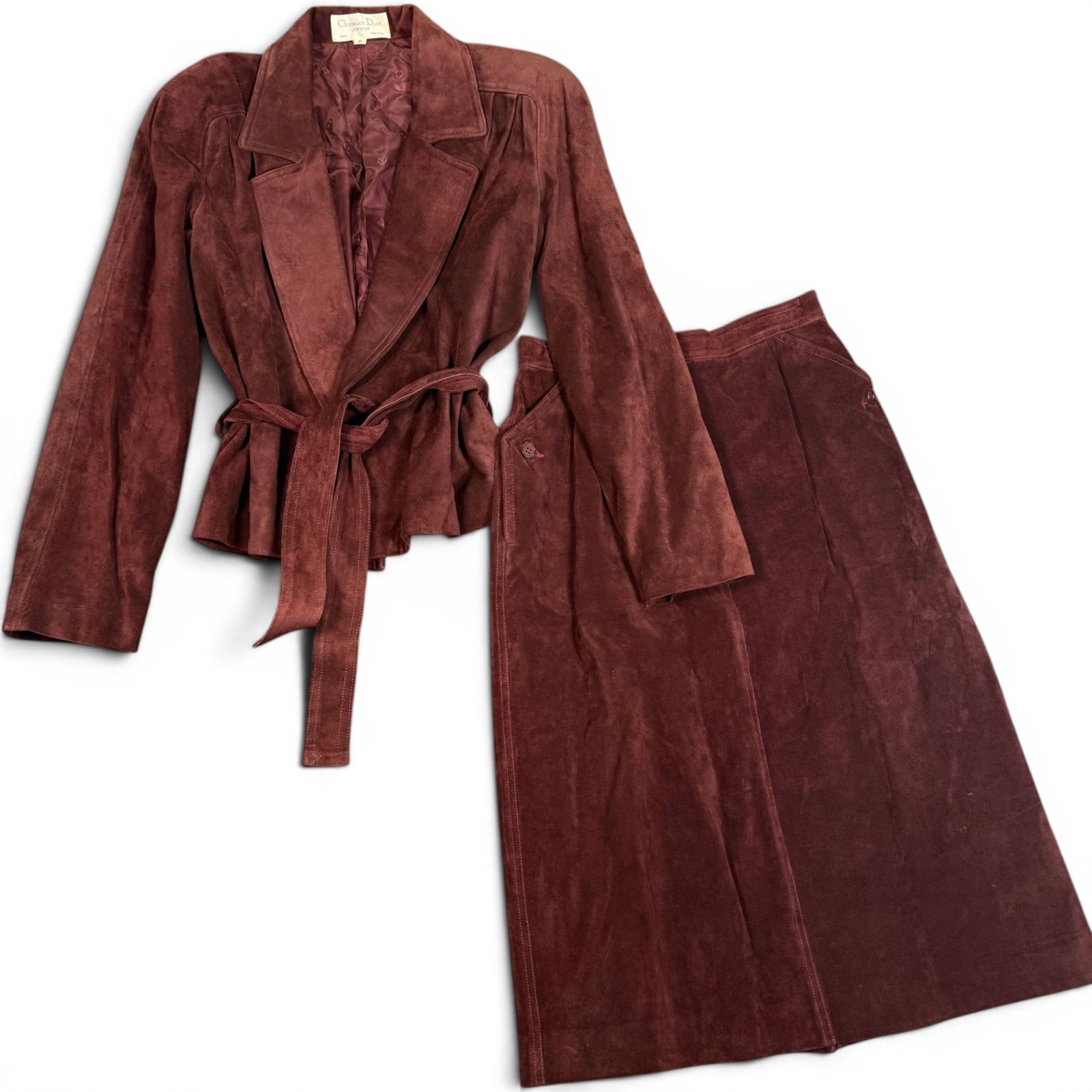 Vintage Christian Dior Oxblood Suede Jacket Skirt Set Belted Burgundy Size 6/8