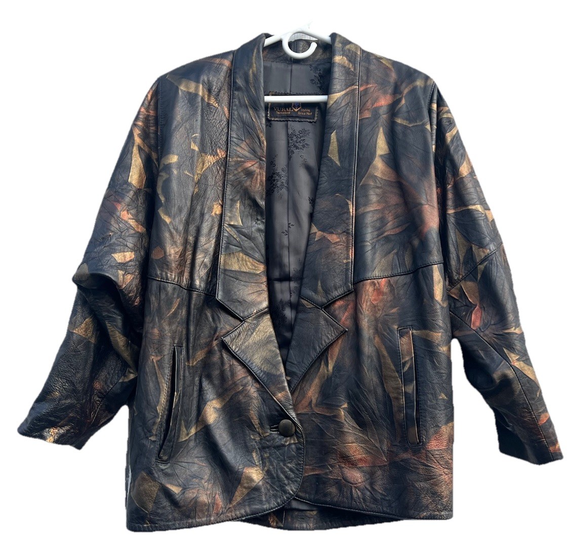 Vtg Leather Jacket Vural Styled By Erica Nef,Brown Gold, Abstract Leaf Pattern M